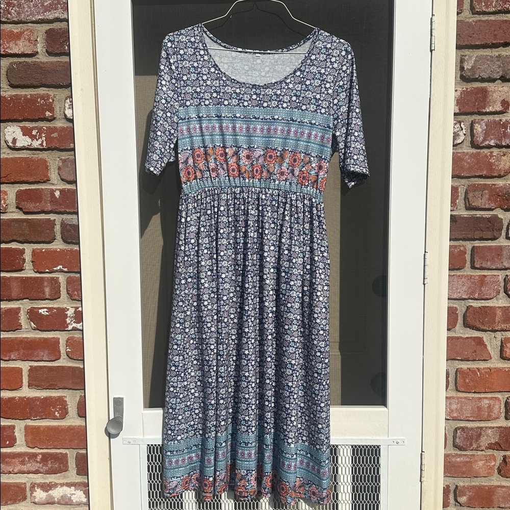Navy Blue Floral Midi Dress with Contrasting Border Panels